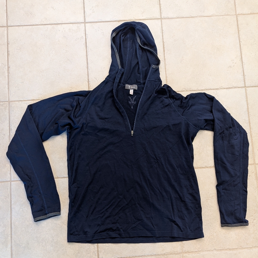 Ibex Hoodie Base Layer Pullover Merino Wool Navy Men's Large